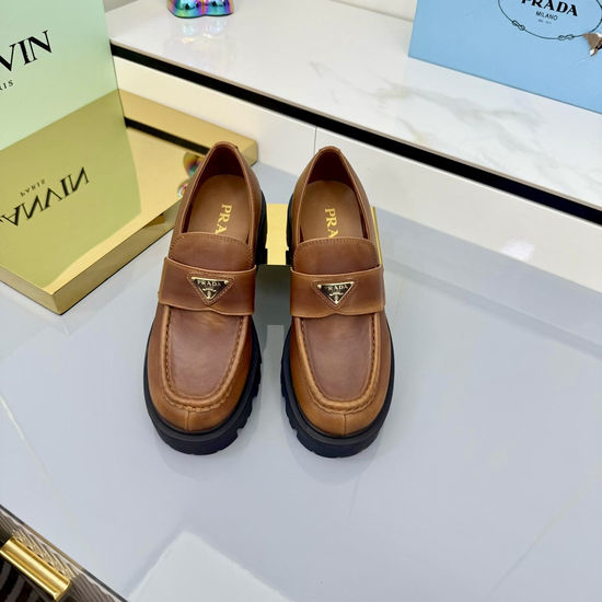 Prada Classic Thick Sole Leather Loafers with Logo Detail