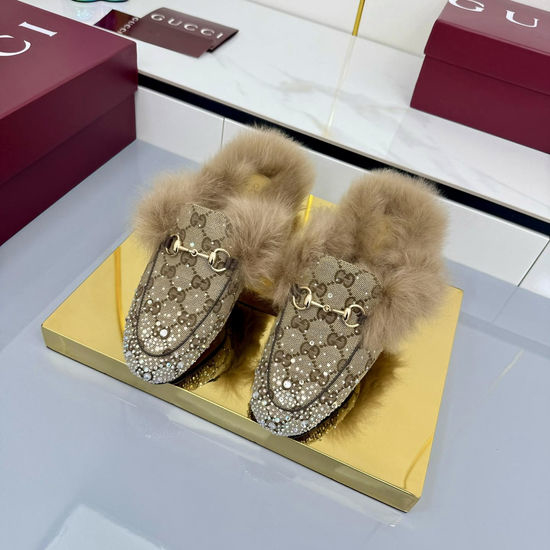 Gucci Crystal Embellished Canvas Loafers Casual Slip On Mules