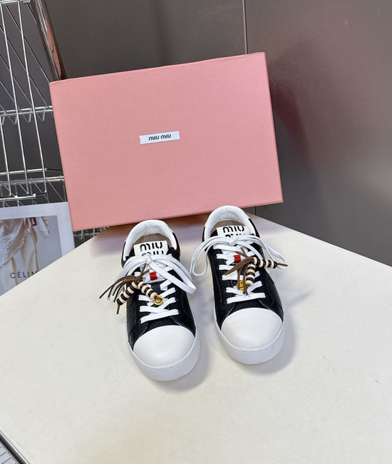 Miu Miu Double Laces DIY Decorated Retro Leather Sneakers