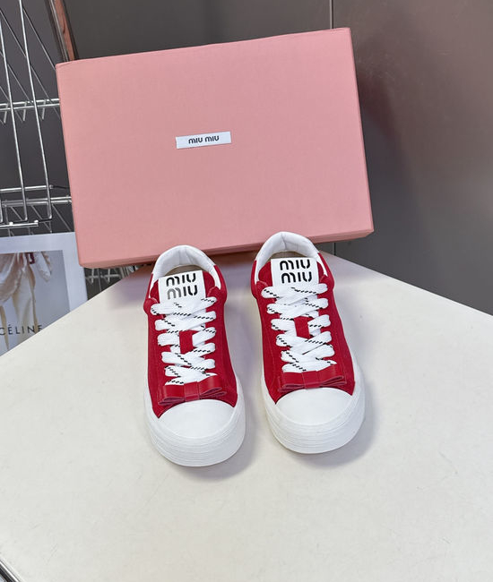 Miu Miu Bow Decorated Double Laces Vintage Leather Sneakers