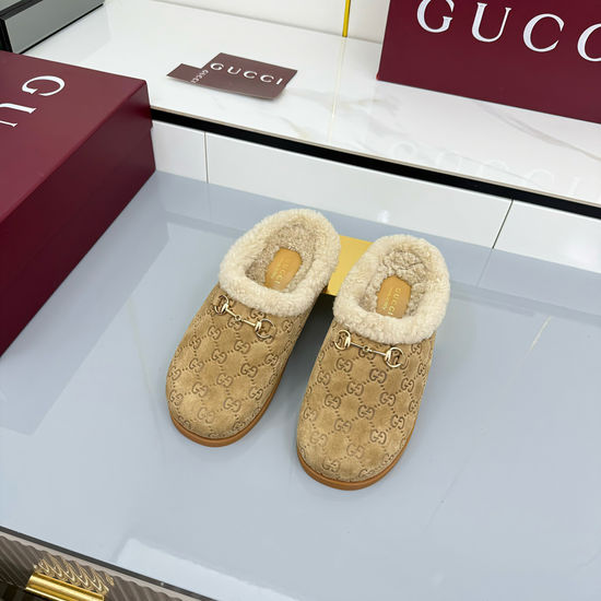 Gucci Suede Horsebit Wool Lined Slip On Mules