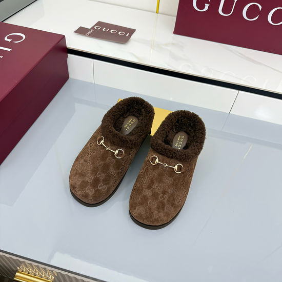 Gucci Suede Horsebit Wool Lined Slip On Mules