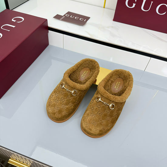 Gucci Suede Horsebit Wool Lined Slip On Mules