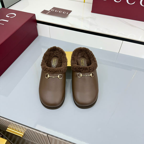 Gucci Suede Horsebit Wool Lined Slip On Mules