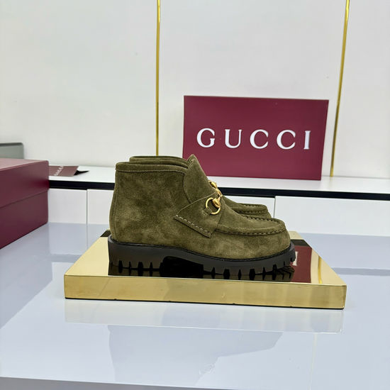 Gucci Dark Green Suede Loafer Boots with Horsebit Detail