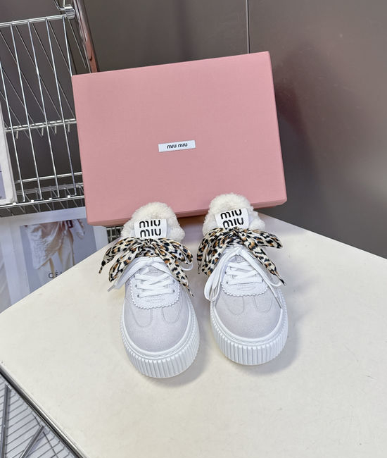 Miu Miu Wool Lined Leather Platform Casual Sneakers Comfortable