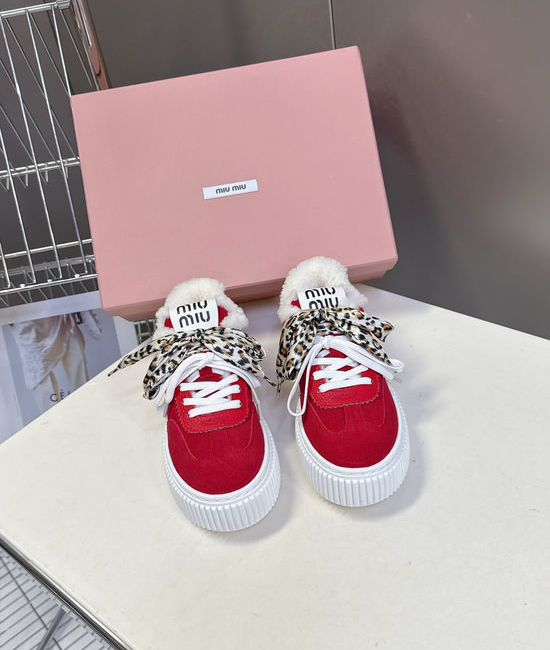 Miu Miu Wool Lined Leather Platform Casual Sneakers Comfortable