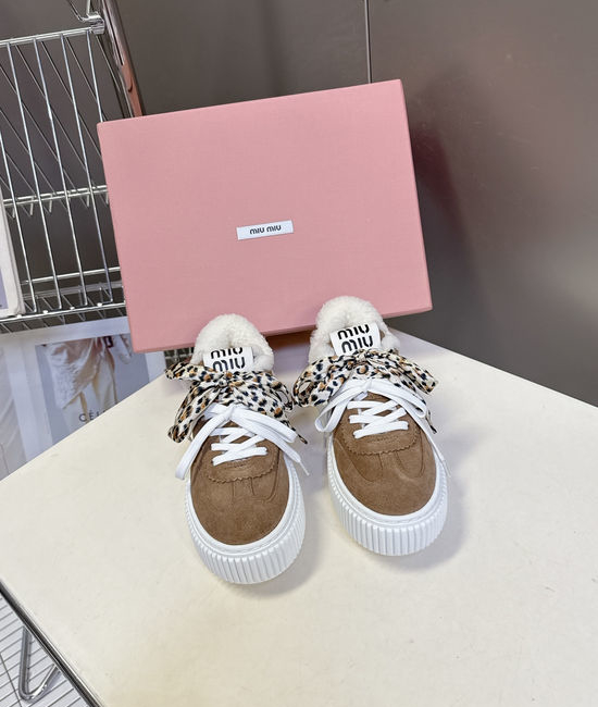 Miu Miu Wool Lined Leather Platform Casual Sneakers Comfortable