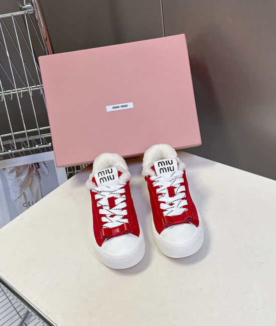 Miu Miu Bow Decorated Wool Lined Vintage Leather Sneakers