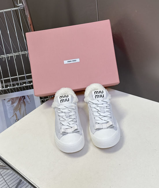 Miu Miu Bow Decorated Wool Lined Vintage Leather Sneakers