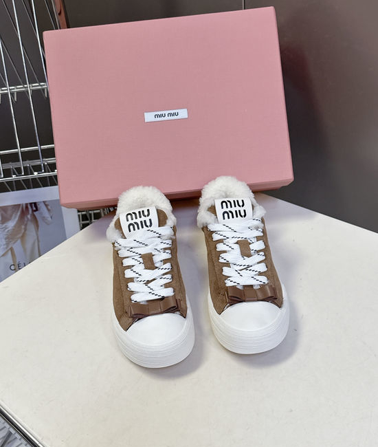 Miu Miu Bow Decorated Wool Lined Vintage Leather Sneakers