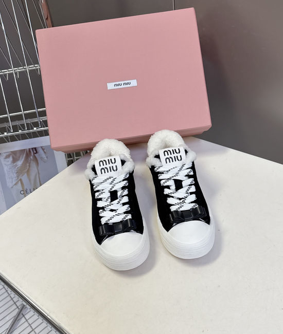 Miu Miu Bow Decorated Wool Lined Vintage Leather Sneakers