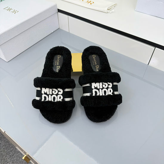Christian Dior Warm Wool Slippers with Embroidery Soft Leather Insole