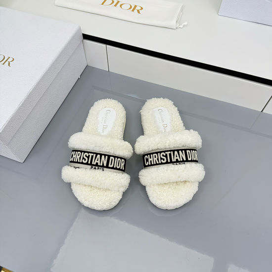 Christian Dior Warm Wool Slippers with Embroidery Soft Leather Insole