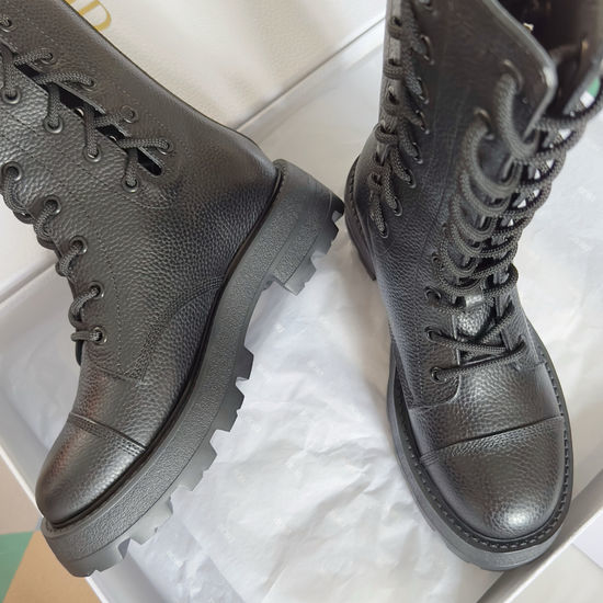 Christian Dior CD Grain Leather Ankle Boots With Lace Up Zipper Non-slip Sole