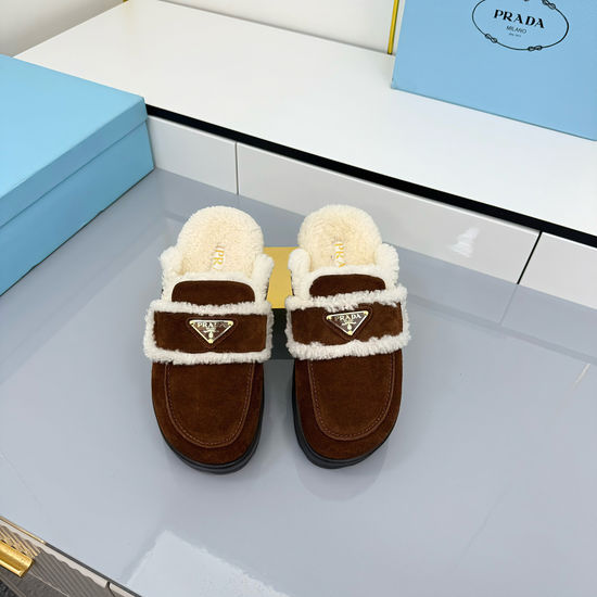 Prada Fluffy Fleece Lined Platform Mules with Suede Upper