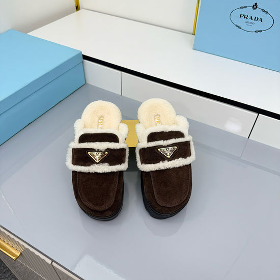 Prada Fluffy Fleece Lined Platform Mules with Suede Upper