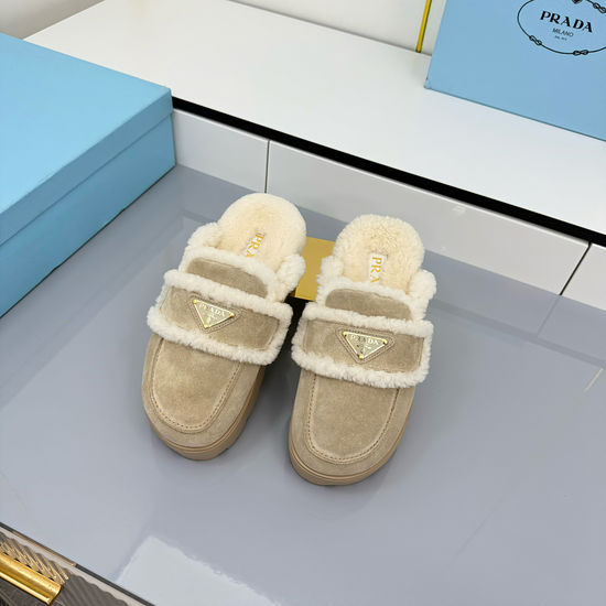 Prada Fluffy Fleece Lined Platform Mules with Suede Upper
