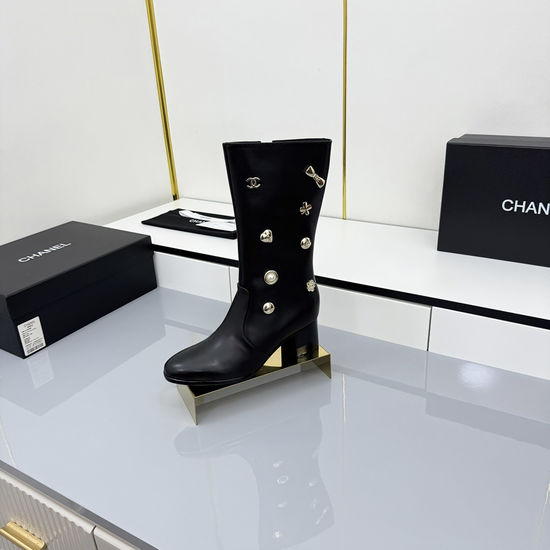 Chanel Chunky Heel Mid Calf Boots with Leather Upper