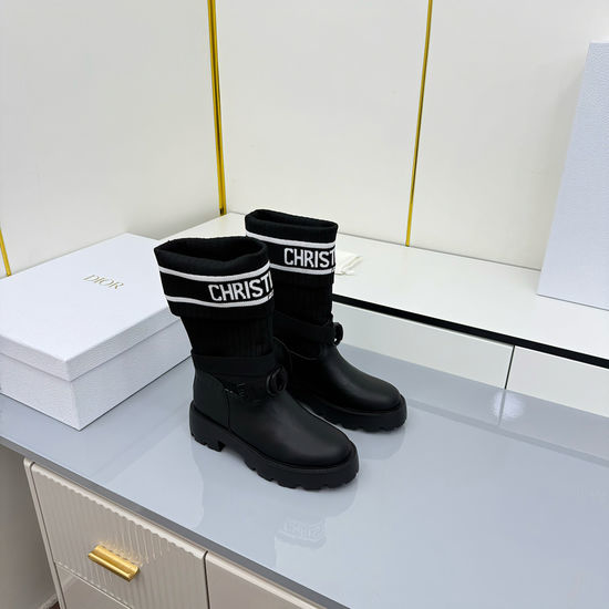 Christian Dior CD Genuine Leather Mid Calf Boots With Logo Webbing Detail