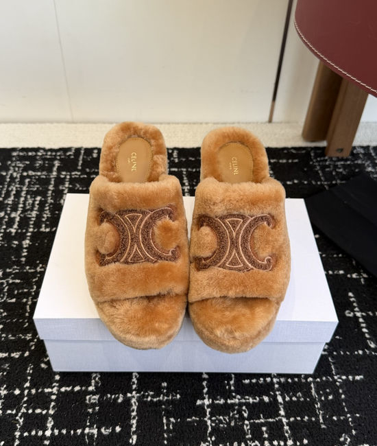 Celine Fuzzy Platform High Heel Slippers with Embellished Upper