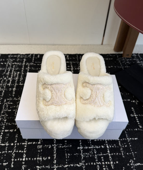 Celine Fuzzy Platform High Heel Slippers with Embellished Upper