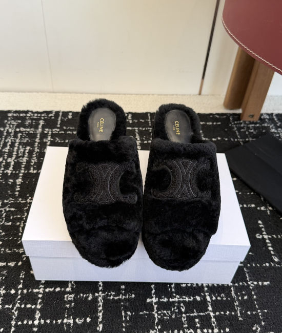 Celine Fuzzy Platform High Heel Slippers with Embellished Upper