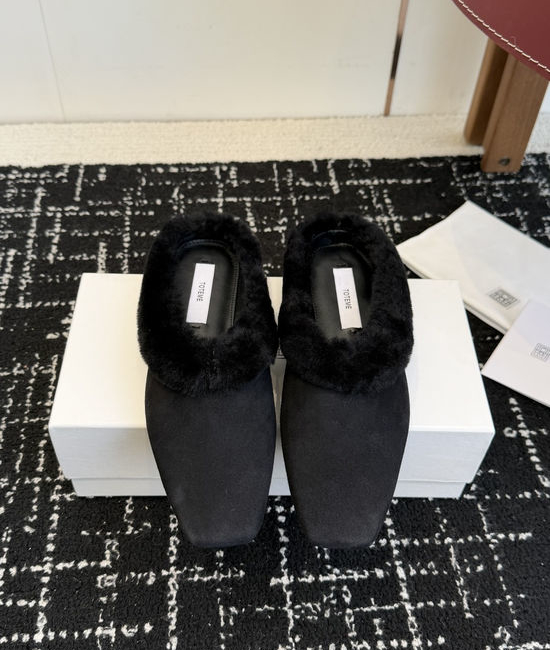 Toteme Minimalist Square Toe Suede Wool Lined Mules
