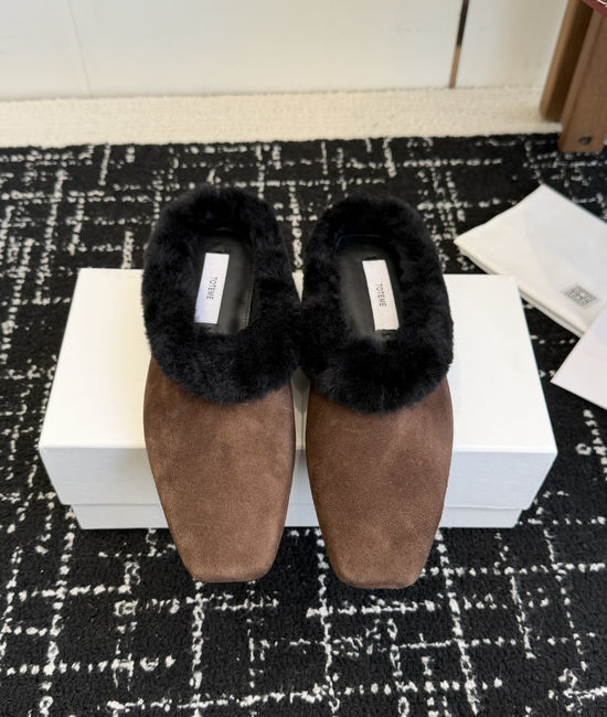 Toteme Minimalist Square Toe Suede Wool Lined Mules