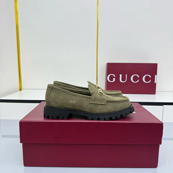 Gucci Suede Loafers with Metal Buckle and Non-slip Sole