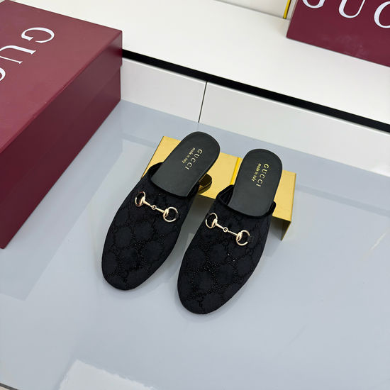 Gucci Velvet Mule Shoes with Horsebit and Crystal Accent