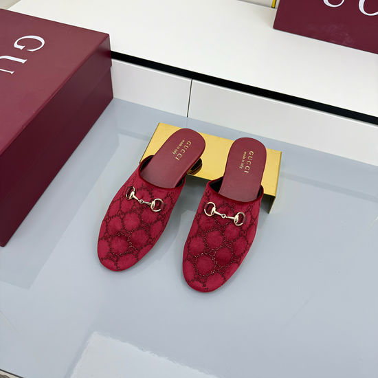Gucci Velvet Mule Shoes with Horsebit and Crystal Accent