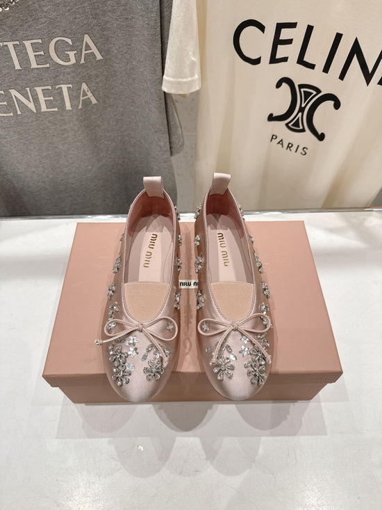 Miu Miu Bow Embellished Ballet Flats Soft Sole Comfortable Casual Shoes