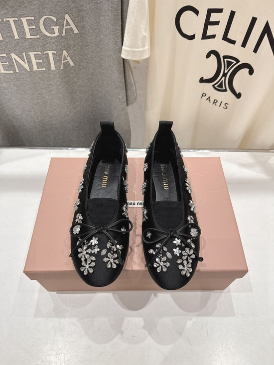 Miu Miu Bow Embellished Ballet Flats Soft Sole Comfortable Casual Shoes