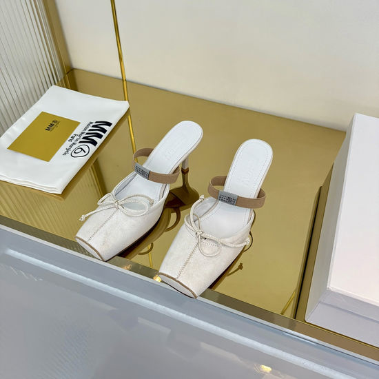 Maison Margiela MM6 Bow Decor Square Toe Leather Comfortable Mule Slippers