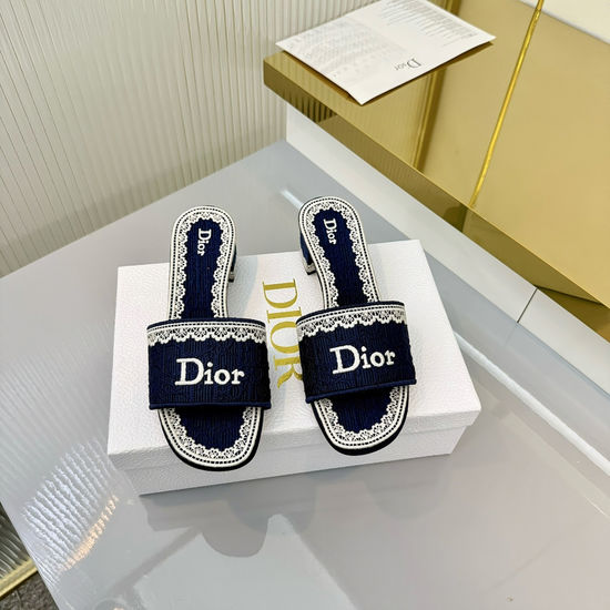 Christian Dior Elegant Embossed Lace Mid-heel Slide Slippers with Soft Sole