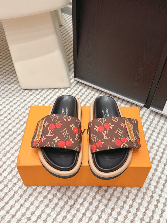 Louis Vuitton Cherry Pattern Canvas Slip On Slide Sandals