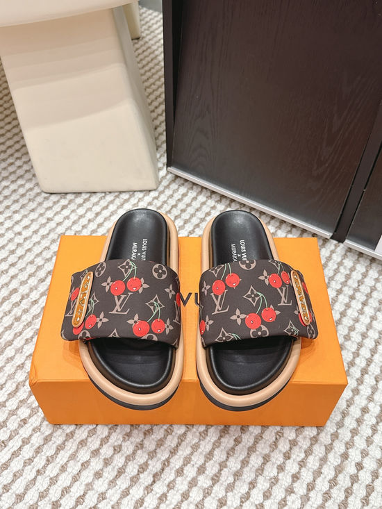 Louis Vuitton Cherry Pattern Canvas Slip On Slide Sandals