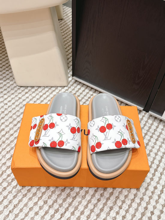 Louis Vuitton Cherry Pattern Canvas Slip On Slide Sandals