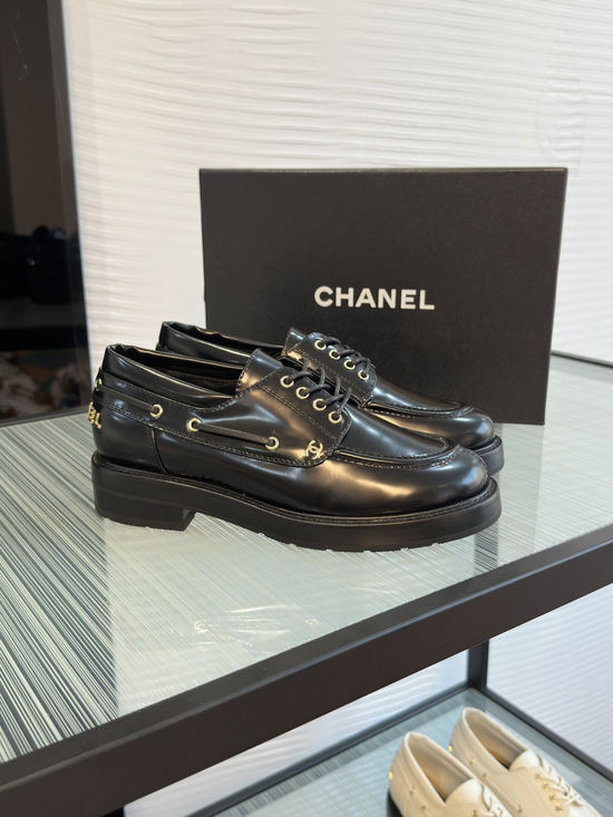 Chanel White Lace Up Thick Sole Leather Loafers