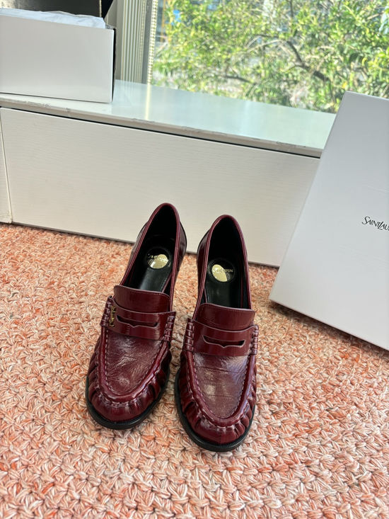 Yves Saint Laurent Small Logo Leather Block Heel Loafer Shoes