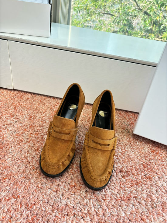 Yves Saint Laurent Small Logo Leather Block Heel Loafer Shoes