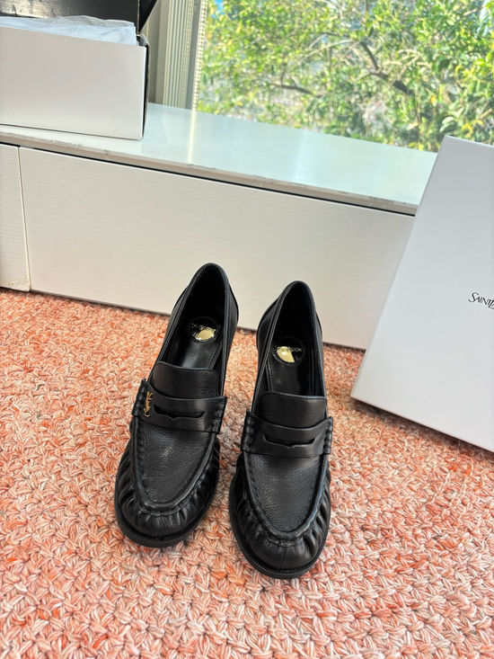 Yves Saint Laurent Small Logo Leather Block Heel Loafer Shoes