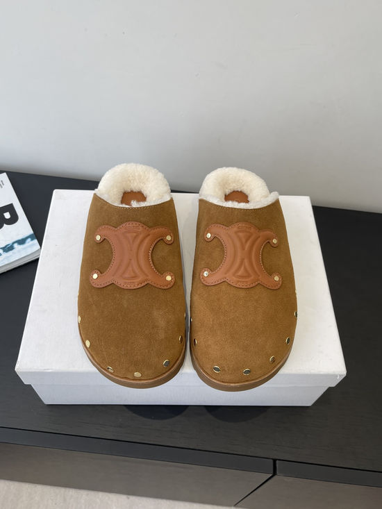 Celine Wool Lined Suede Clogs Soft Non Slip Rubber Sole