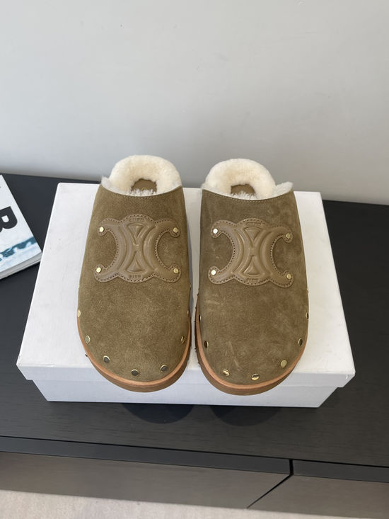 Celine Wool Lined Suede Clogs Soft Non Slip Rubber Sole