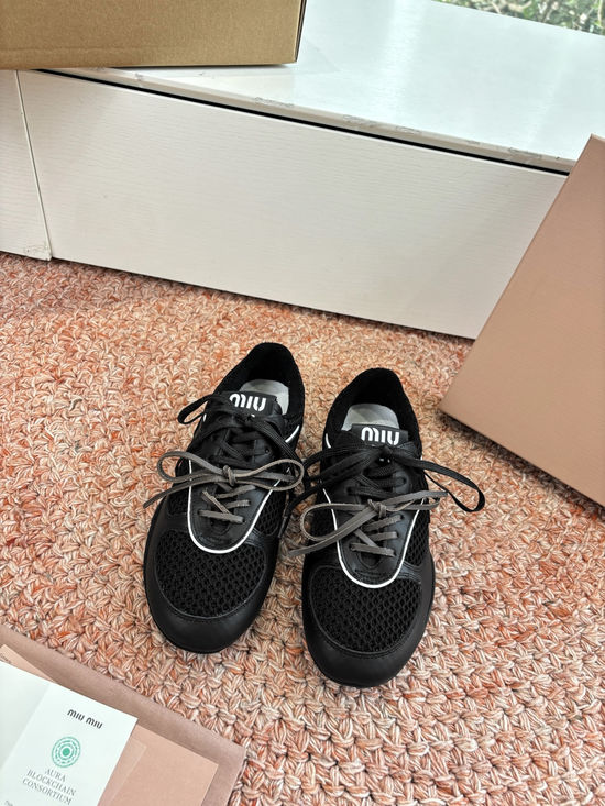 Miu Miu Suede Mesh Upper Fabric Lined Casual Trainers