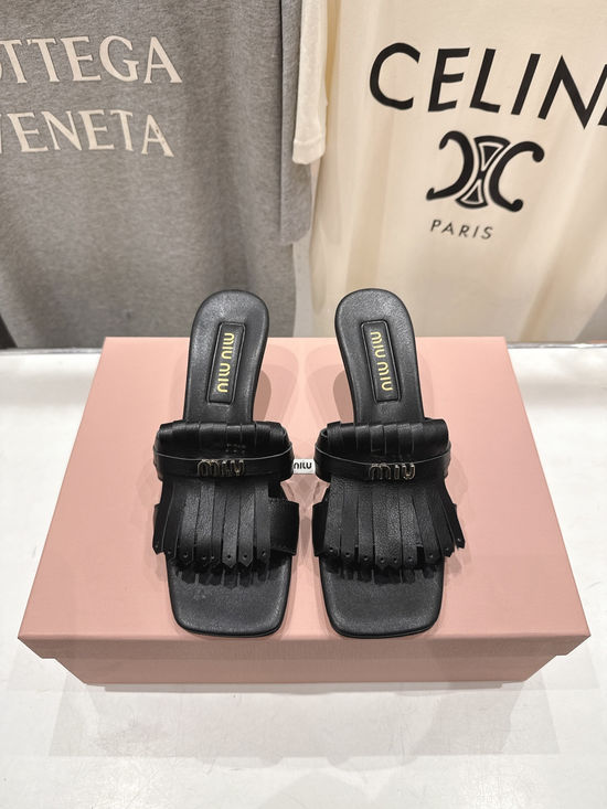 Miu Miu Fringe High Heel Sandals With Genuine Leather Outsole