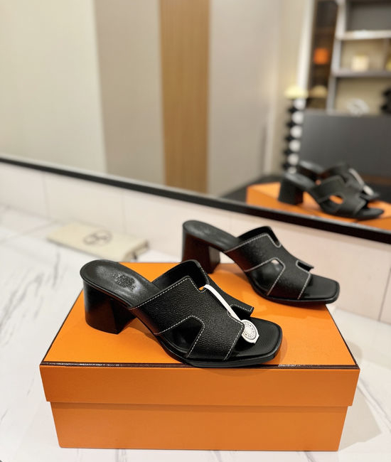 Hermes 7cm Heel Epsom Leather Slides Genuine Leather Sole Shoes