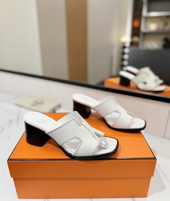 Hermes 7cm Heel Epsom Leather Slides Genuine Leather Sole Shoes