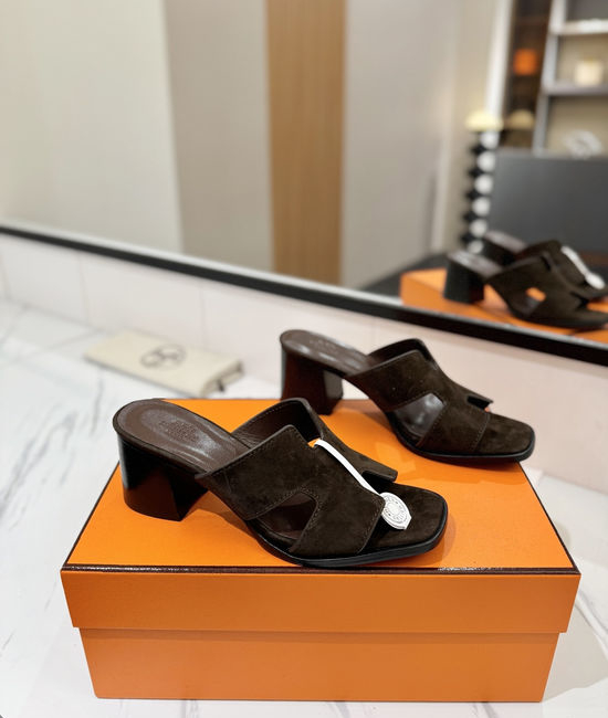 Hermes 7cm Heel Nubuck Slides Genuine Leather Sole Casual Shoes